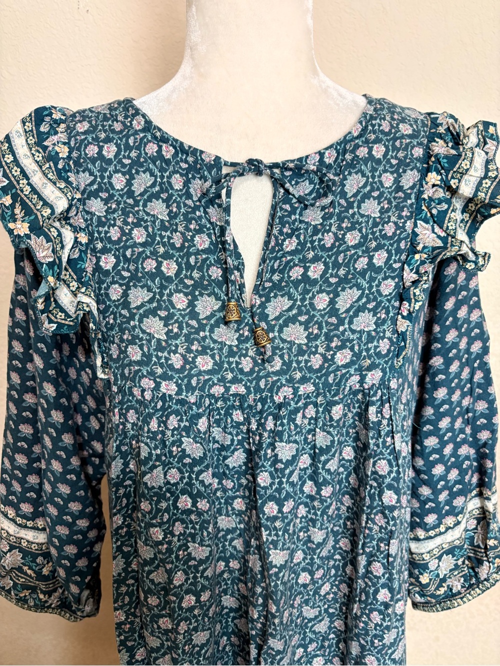 Cortefiel Grandmacore Boho Women's Green Floral Tiered Maxi Dress Size 6 - Picture 3 of 11